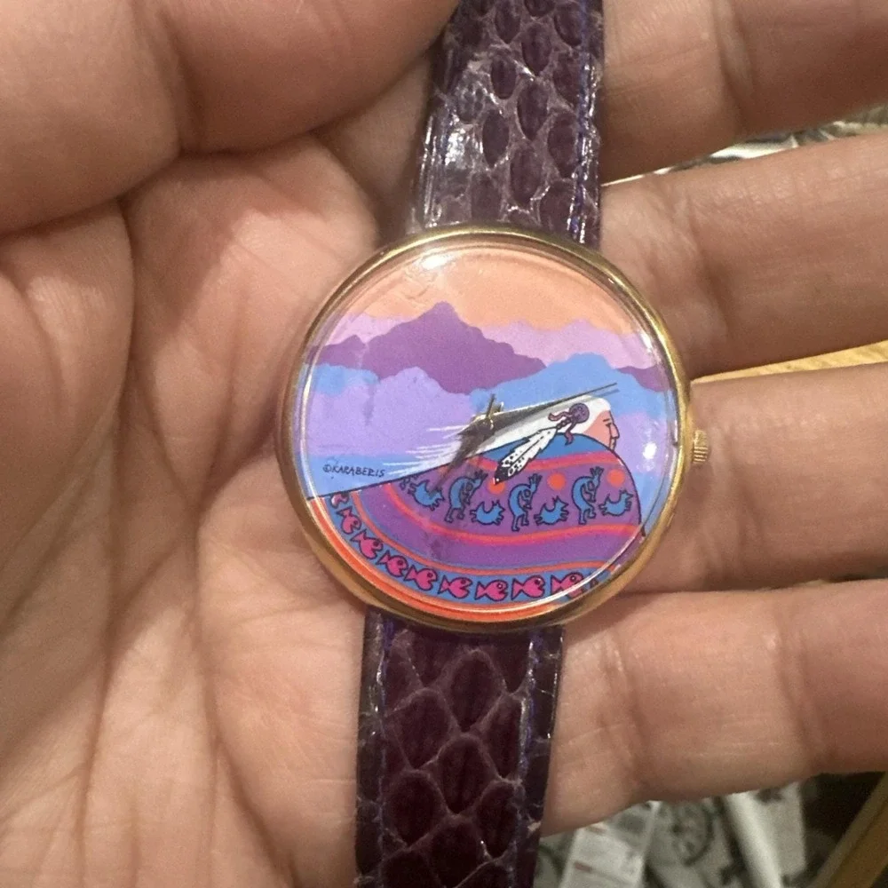 VTG Karaberis Art Watch Kokopelli Southwest Spirit Purple Python Snake Band RUNS